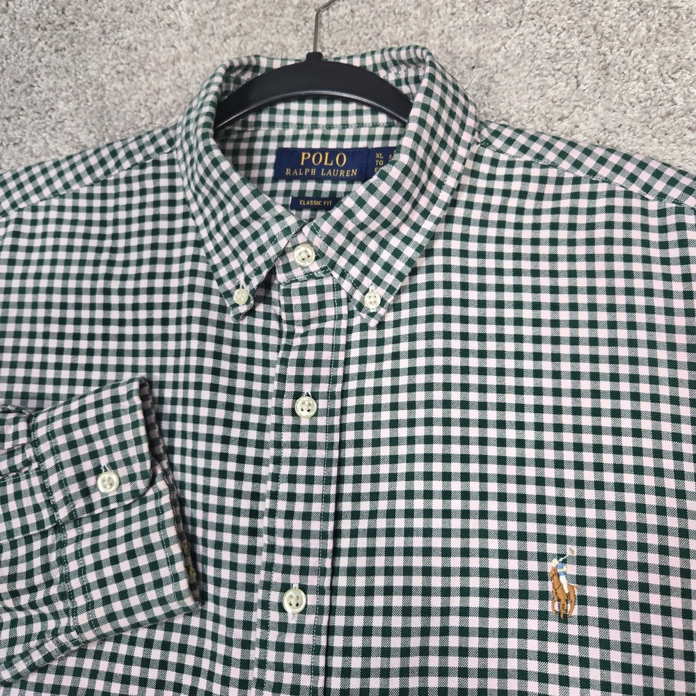 Polo Ralph Lauren Oxford Shirt men XL Green Gingham Check Classic Fit flesh Pony